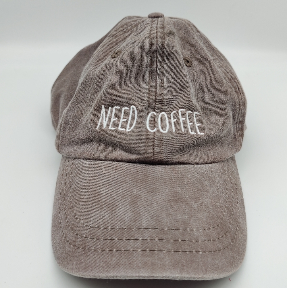 NEED COFFEE Brown Baseball Cap Adjustable Leather Strap ADAMS